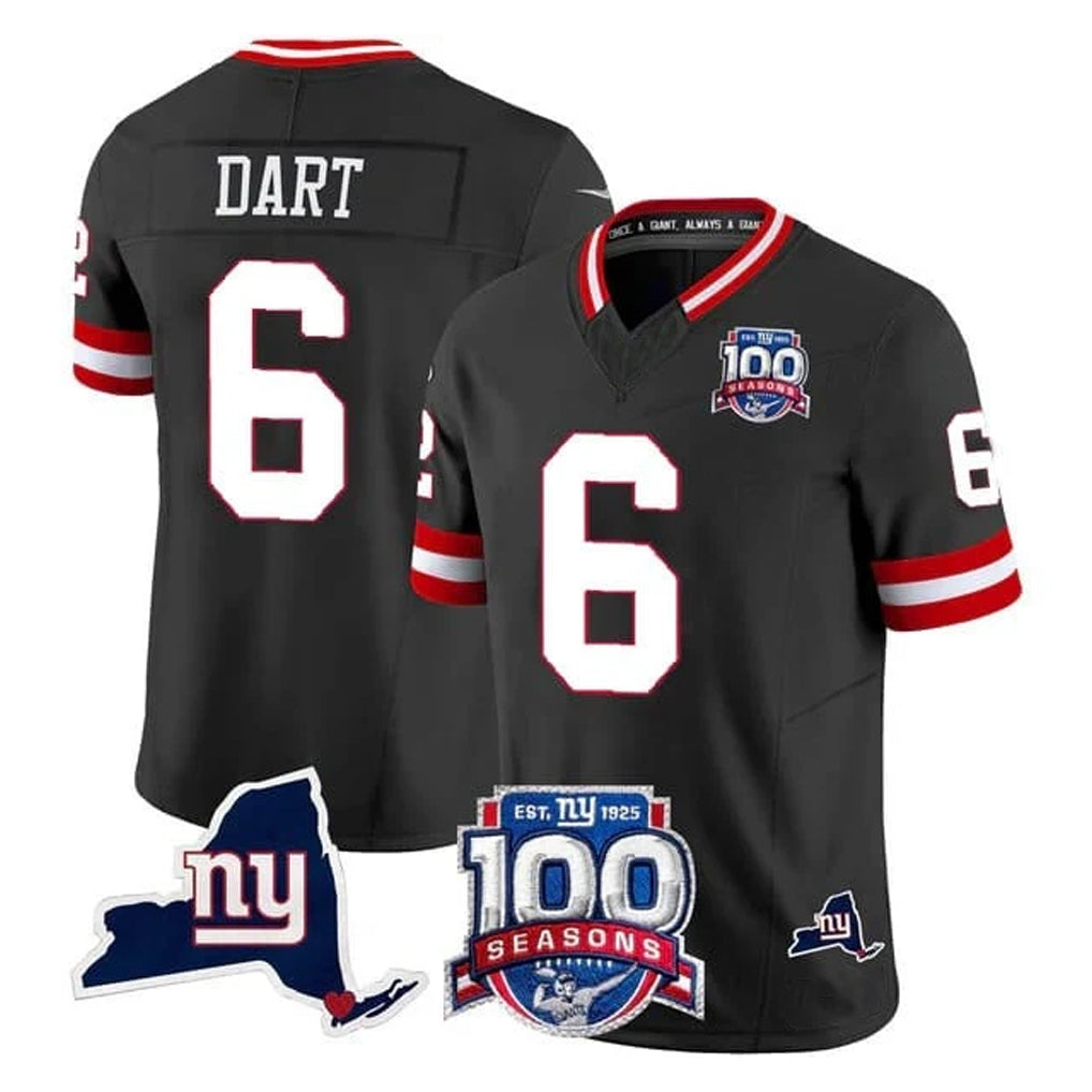 Seanshop NY.Giants #6 Jaxson Dart Player Black 100th Season & State Patch Vapor Limited Home Game Stitched Jerseys