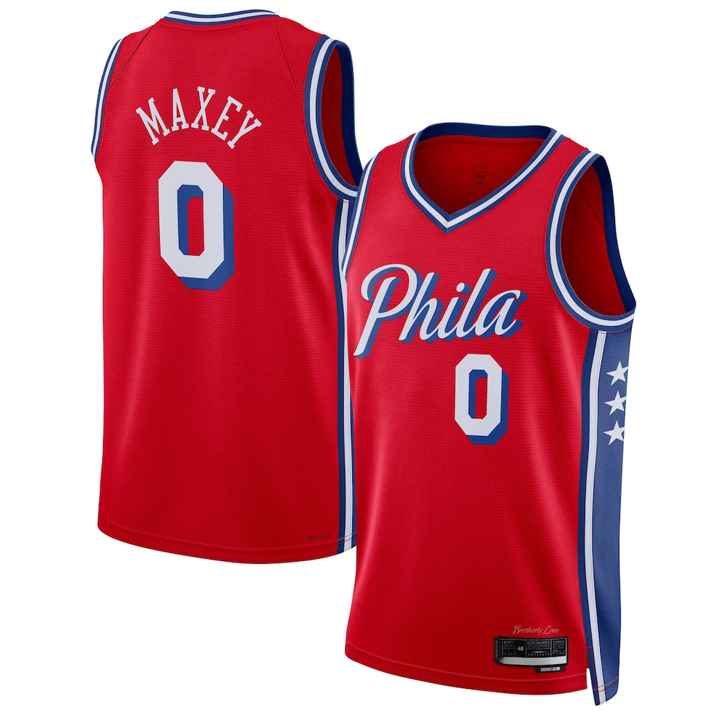 Leonaf P.76ers #0 Tyrese Maxey  Red Swingman Jerseys - Statement Edition