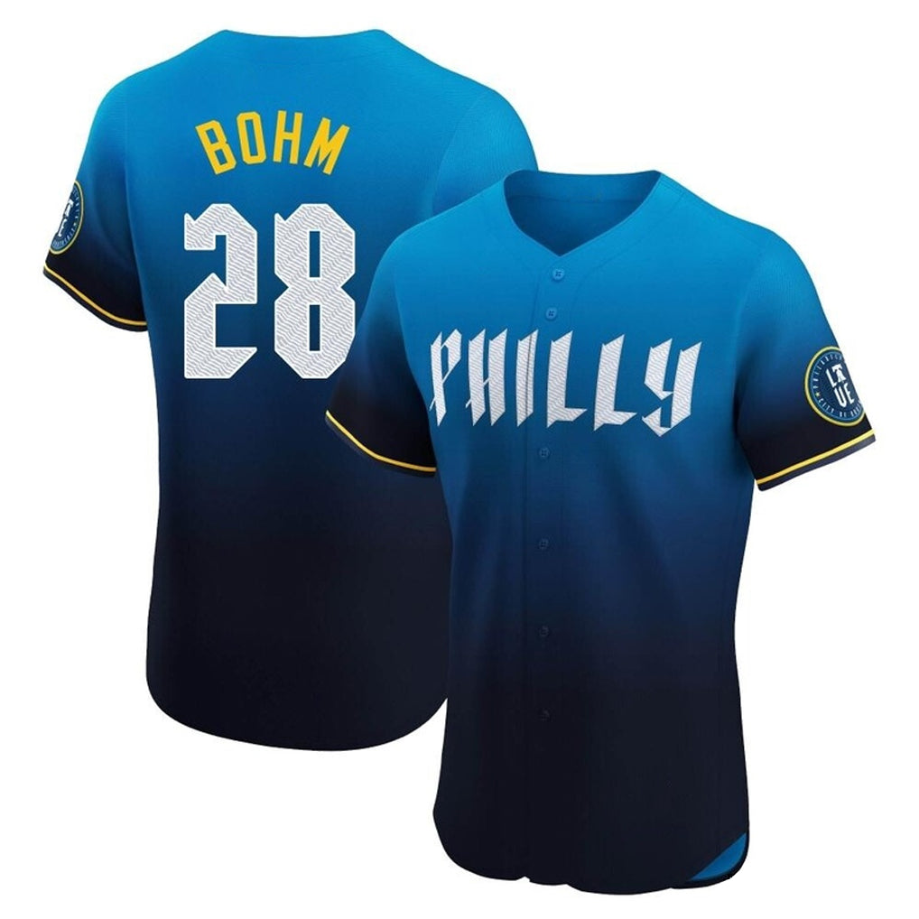 Seanshop P.Phillies #28 Alec Bohm Player Blue City Connect Home Limited Elite Stitched Jerseys