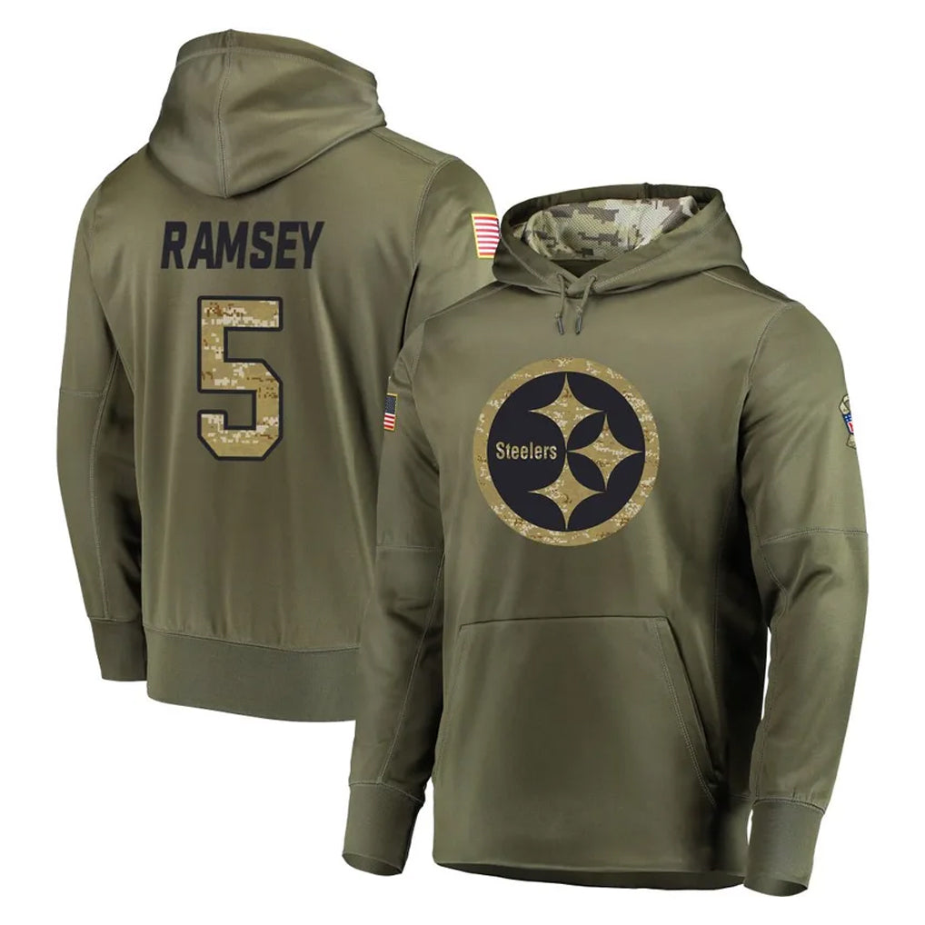 Seanshop P.Steelers #5 Jalen Ramsey Player Olive Salute to Service Pullover Hoodie Home Game Stitched Jerseys