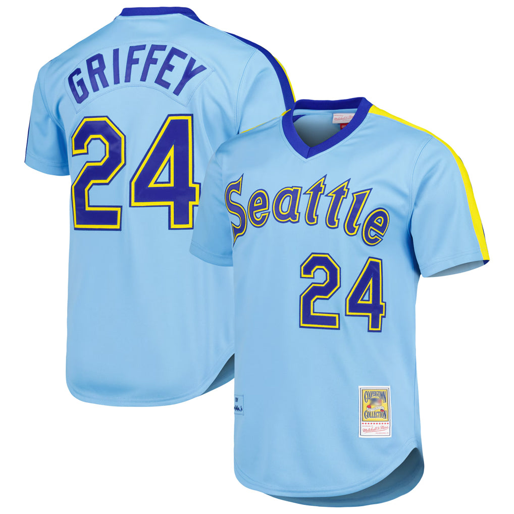 Seanshop  S.Mariners #24 Ken Griffey Jr Player Light Blue Mitchell & Ness Cooperstown Collection Game Stitched Jerseys