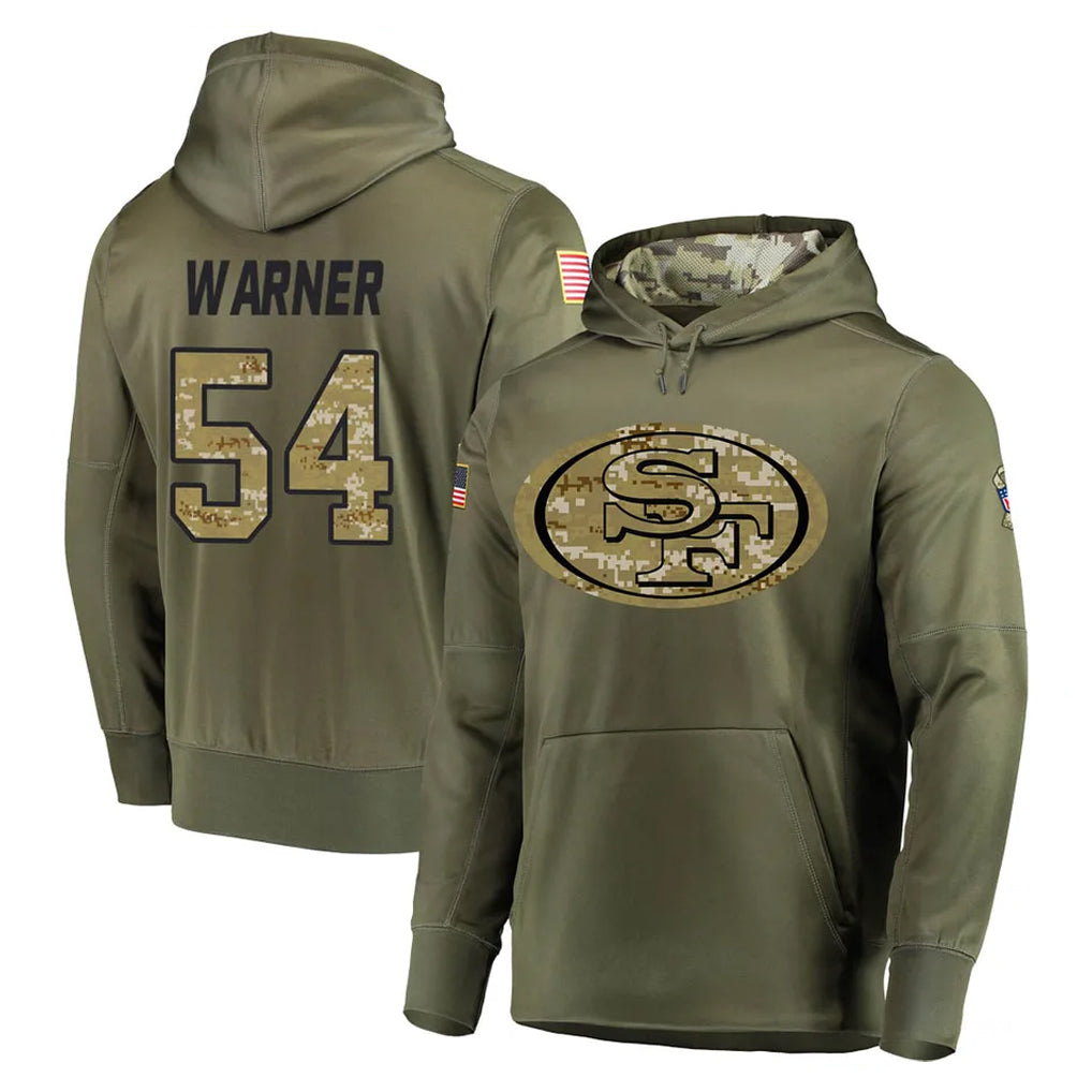 Seanshop SF.49ers #54 Fred Warner Player Olive Salute to Service Pullover Hoodie Home Game Stitched Jerseys