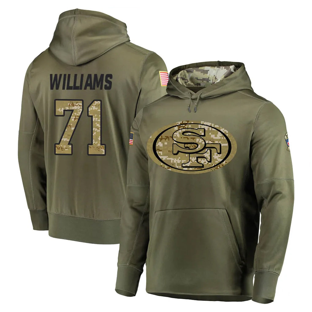 Seanshop SF.49ers #71 Trent Williams Player Olive Salute to Service Pullover Hoodie Home Game Stitched Jerseys