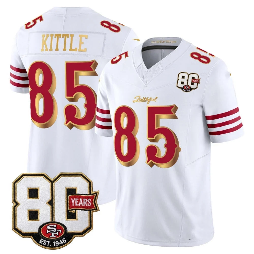 SF.49ers #85 George kittle White Gold 80th Anniversary Patch Rivalries F.U.S.E. Vapor Limited Football Stitched Jersey