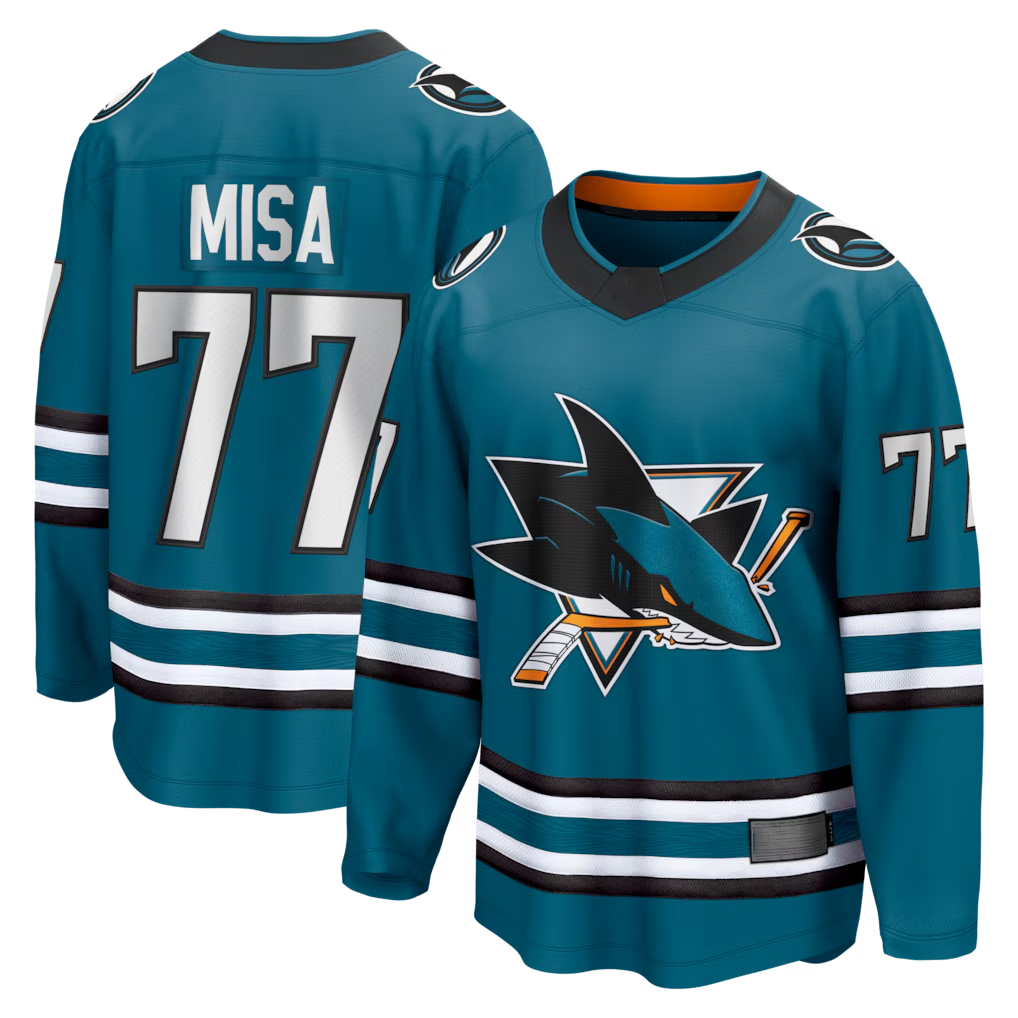 Seanshop SJ.Sharks #77 Michael Misa Teal Breakaway Jerseys