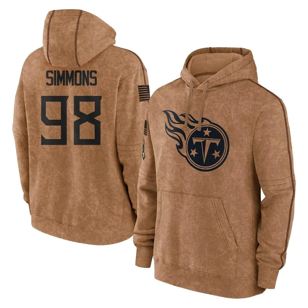 Seanshop T.Titans #98 Jeffery Simmons Player Brown Salute To Service Club Pullover Hoodies Home Game Stitched Jerseys