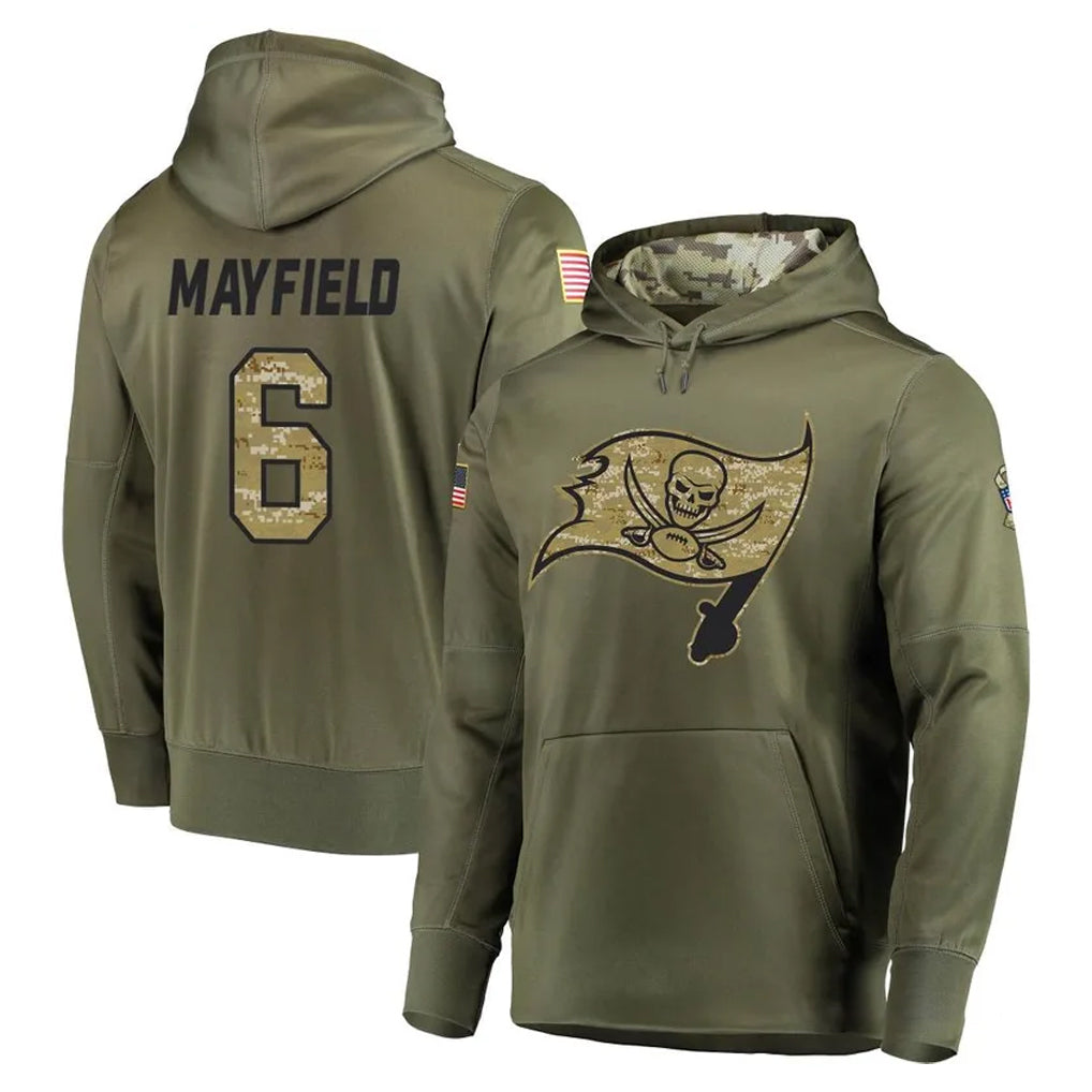Seanshop TB.Buccaneers #6 Baker Mayfield Player Olive Salute to Service Pullover Hoodie Home Game Stitched Jerseys