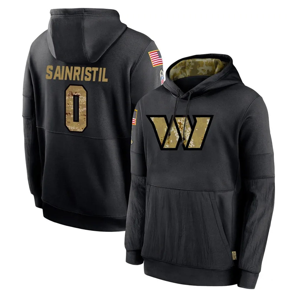 Seanshop W.Commanders #0 Mike Sainristil Player Black Salute to Service Performance Pullover Hoodies Home Game Stitched Jerseys