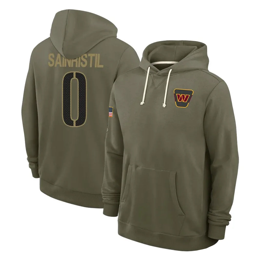 Seanshop W.Commanders #0 Mike Sainristil Player Olive Salute to Service Pullover Hoodies Limited Home Stitched Jerseys