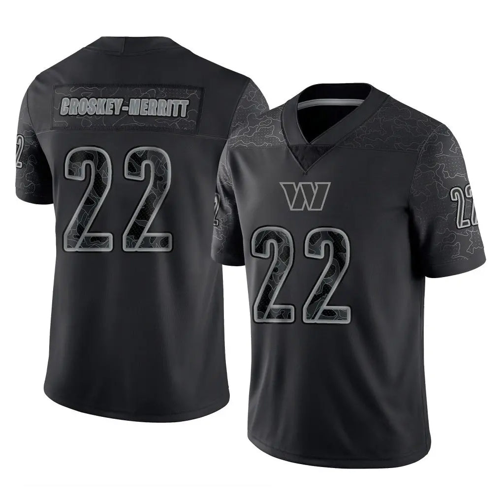 Seanshop W.Commanders #22 Jacory Croskey-Merritt Player Black Limited Reflective Home Game Stitched Jerseys