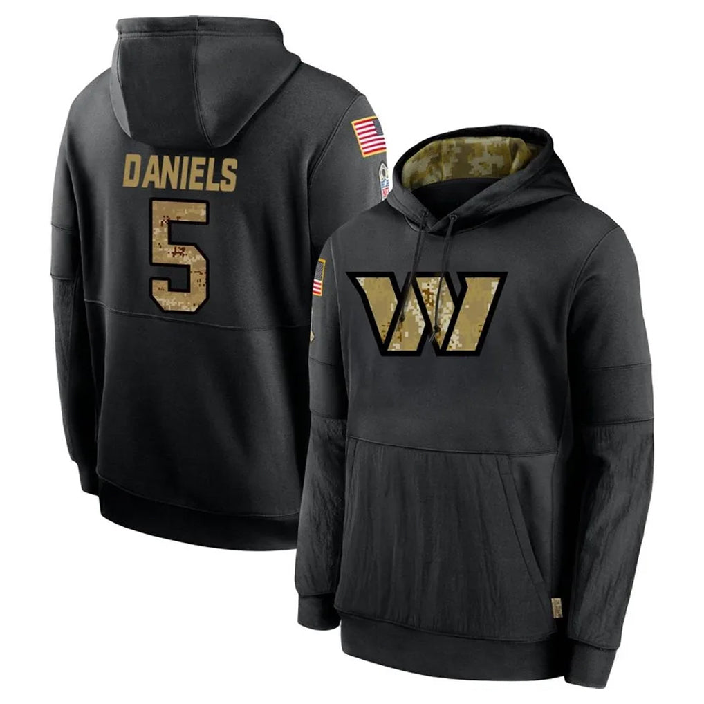 Seanshop W.Commanders #5 Jayden Daniels Player Black Salute to Service Performance Pullover Hoodies Home Game Stitched Jerseys