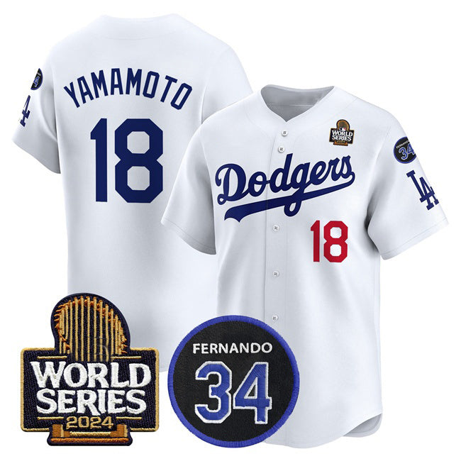 seanshop Los Angeles Dodgers #18 Yoshinobu Yamamoto White  2024 World Series With Fernando Memorial Patch Limited Stitched Jersey