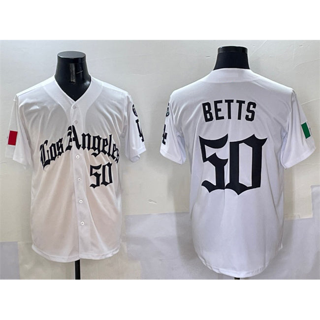 seanshop Los Angeles Dodgers #50 Mookie Betts White  Mexico 2025 LA Gothic Style With Fernando Patch Vapor Premier Limited Stitched Jersey