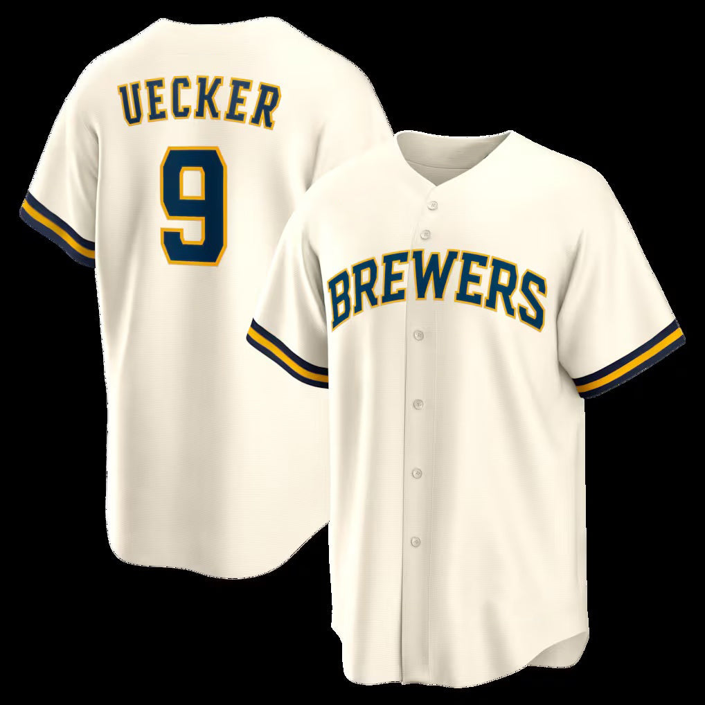 seanshop    Milwaukee Brewers #9 Bob Uecker Cream  Home Retired Player Replica Jersey