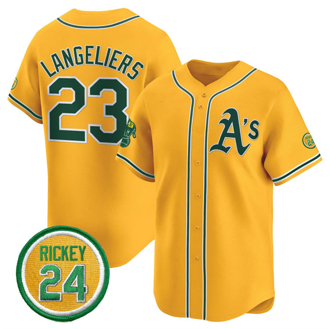 seanshop  Oakland Athletics  #23 Shea Langeliers Yellow  2024 Limited With Rickey Henderson Patch Stitched Jersey