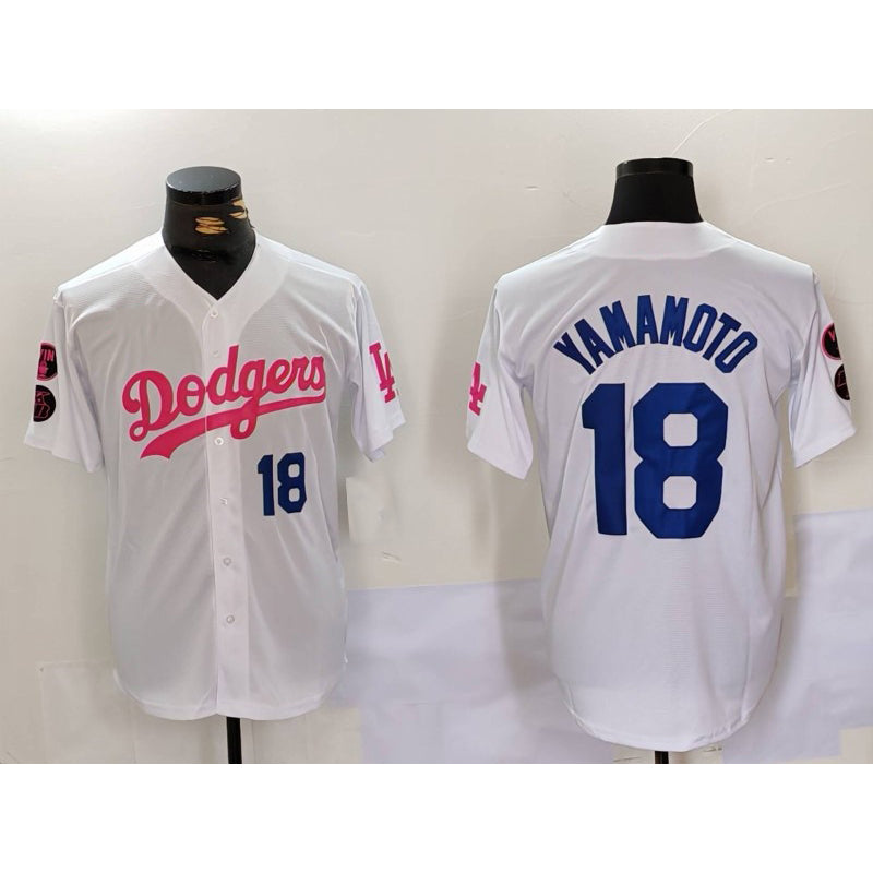 seanshop Los Angeles Dodgers #18 Yoshinobu Yamamoto White Pink  Vin & Kobe Patch Stitched Jersey 2