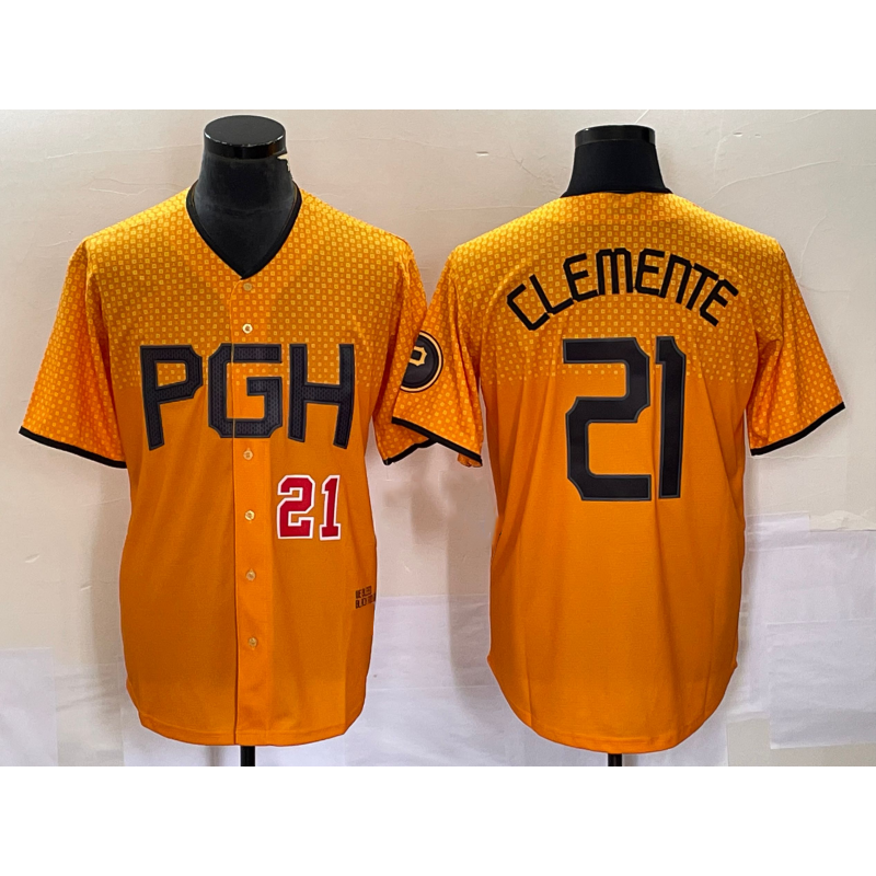 seanshop  Pittsburgh Pirates #21 Roberto Clemente Number Gold  2023 City Connect Stitched Jersey 3