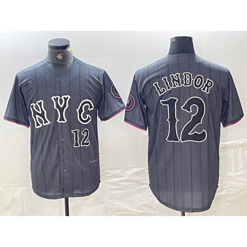 seanshop  New York Mets #12 Francisco Lindor Number Grey  2024 City Connect Cool Base Stitched Jersey 2
