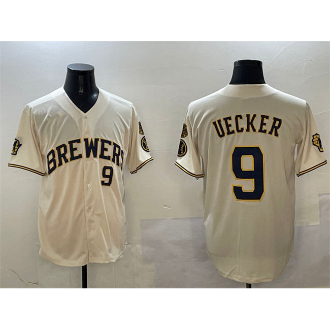 seanshop    Milwaukee Brewers #9 Bob Uecker Cream  With Home Patch Limited Stitched Baseball Jersey
