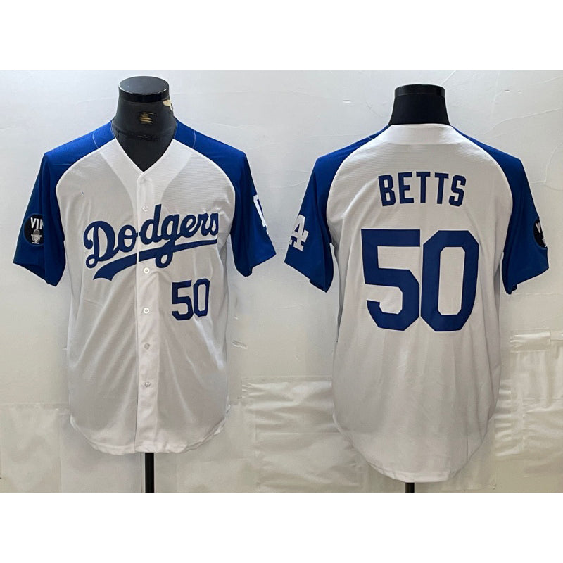 seanshop Los Angeles Dodgers #50 Mookie Betts Number White Blue  Fashion Stitched Cool Base Limited Jersey 2