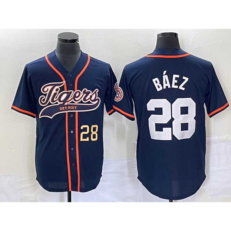seanshop Detroit Tigers #28 Javier Baez Number Navy Blue  Cool Base Stitched Jersey