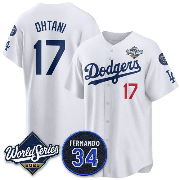 seanshop Los Angeles Dodgers #17 Shohei Ohtani White  2025 World Series With No. 34 Patch Limited Stitched Jersey