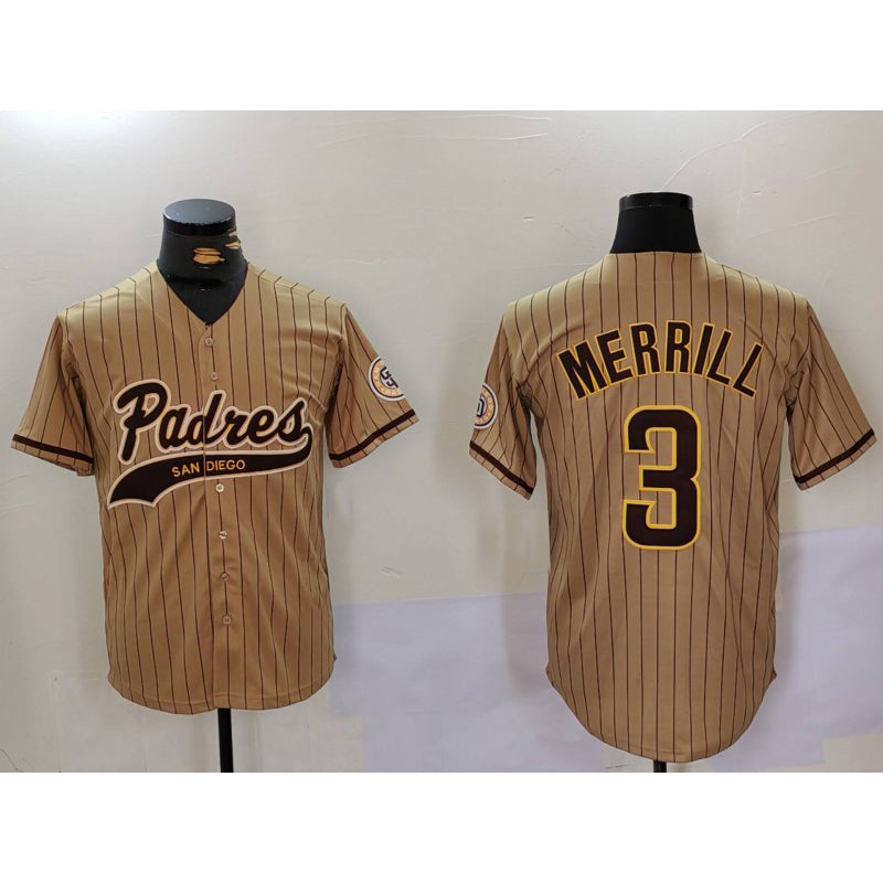 seanshop  San Diego Padres #3 Jackson Merrill Tan  2023 Cool Base Stitched Jersey 2