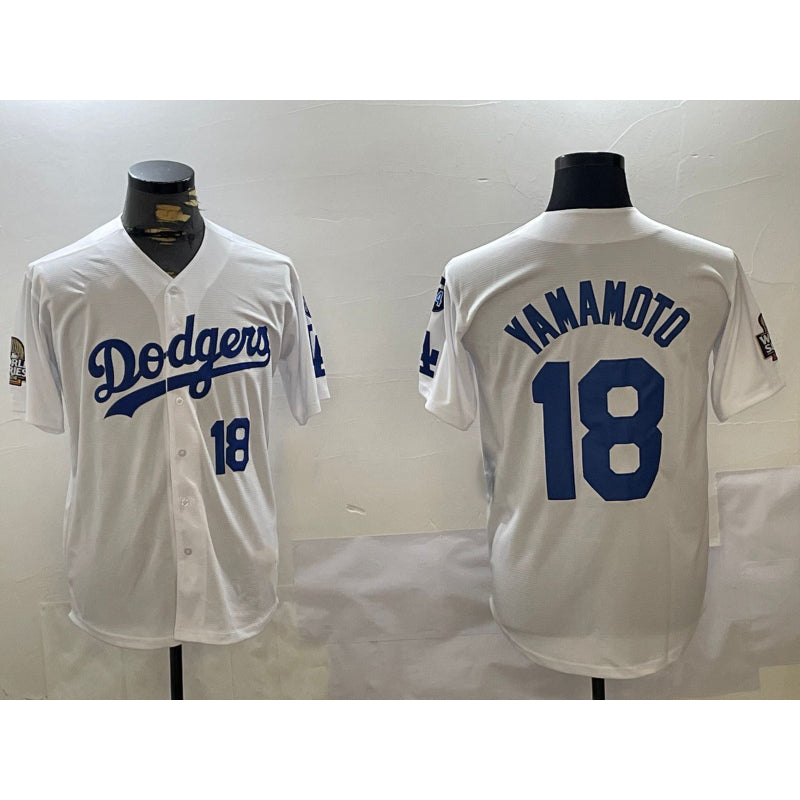 seanshop Los Angeles Dodgers #18 Yoshinobu Yamamoto White  2024 World Series With Fernando Memorial Patch Home Limited Stitched Jersey 2