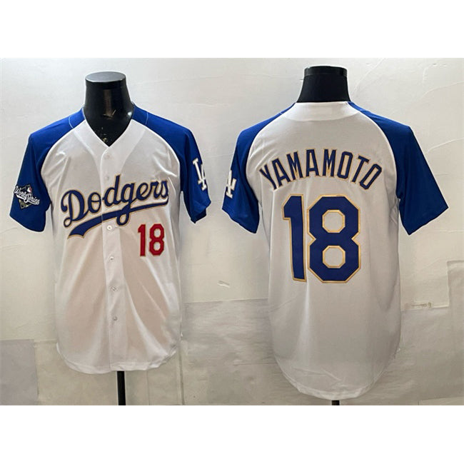 seanshop Los Angeles Dodgers #18 Yoshinobu Yamamoto White Royal  2025 World Series Patch Limited Stitched Jersey