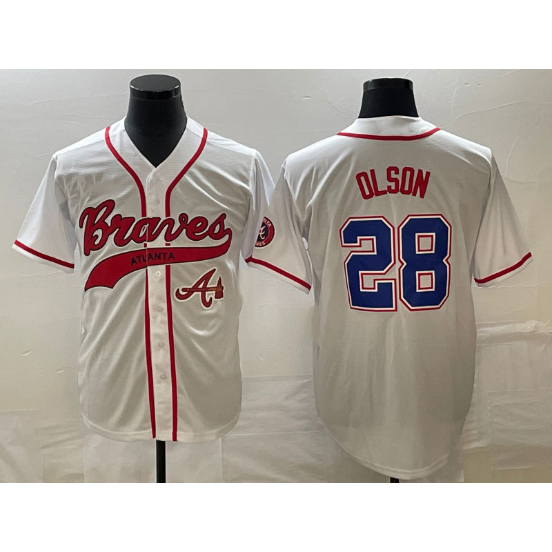 seanshop Atlanta Braves #28 Matt Olson White  Cool Base With Patch Stitched Jersey