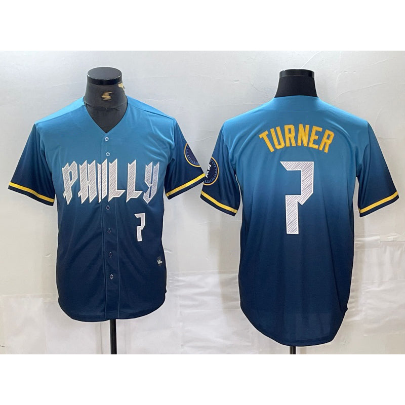 seanshop  Philadelphia Phillies #7 Trea Turner Number Blue  2024 City Connect Limited Stitched Jersey 2