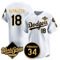seanshop Los Angeles Dodgers #18 Yoshinobu Yamamoto White Gold  2025 World Series With No.34 Patch Limited Stitched Jersey
