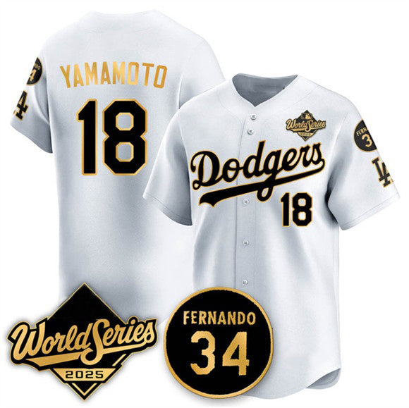 seanshop Los Angeles Dodgers #18 Yoshinobu Yamamoto White Gold  2025 World Series With No.34 Patch Limited Stitched Jersey