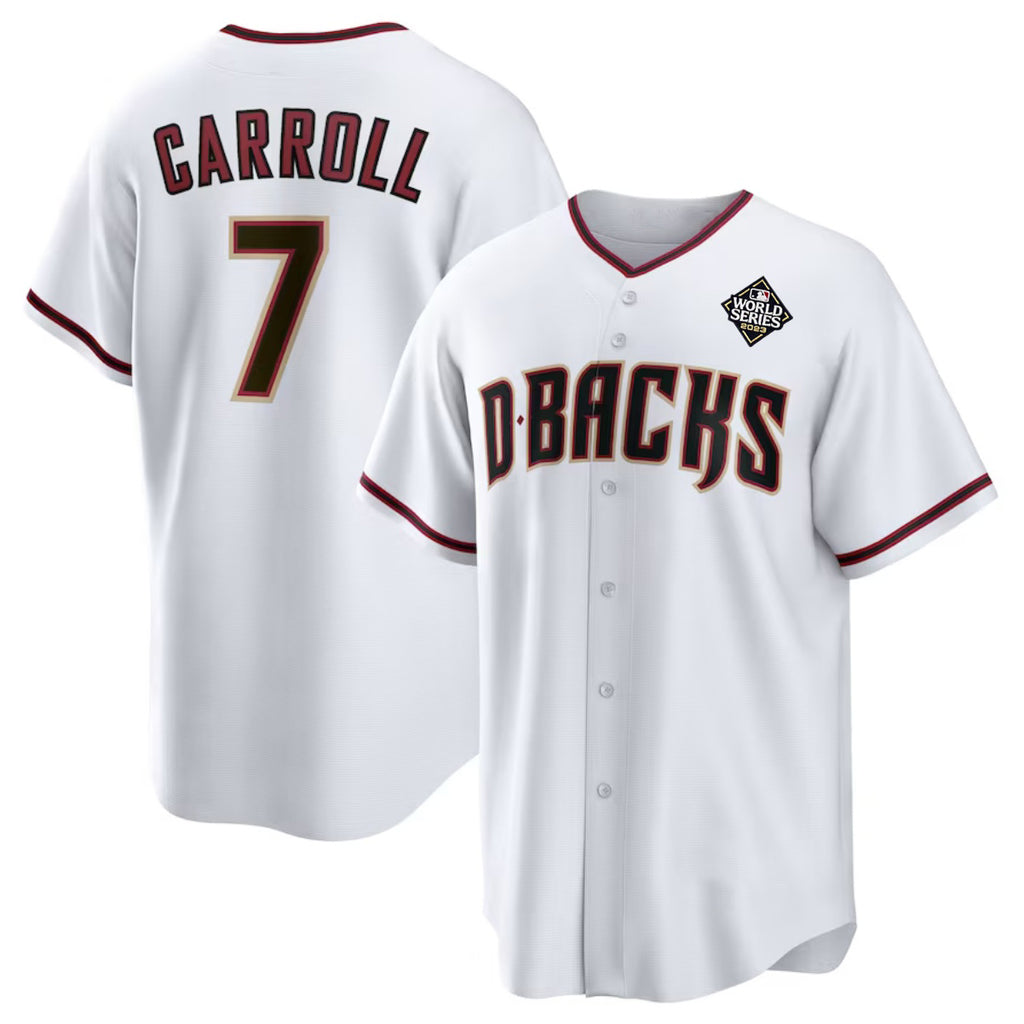 seanshop  Arizona Diamondbacks #7 Corbin Carroll White  2023 World Series Cool Base Stitched Jersey 2