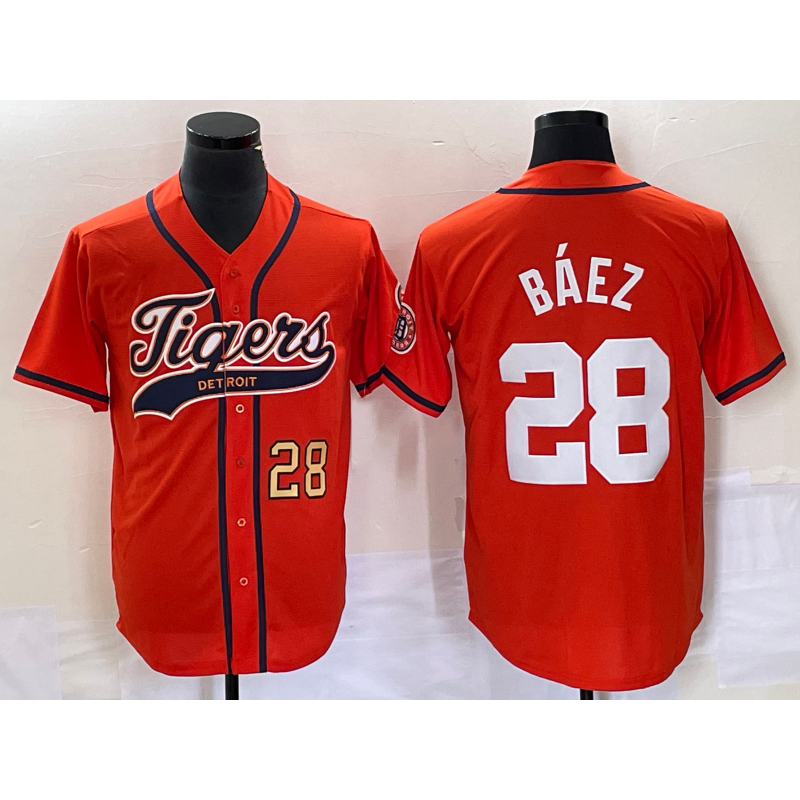 seanshop Detroit Tigers #28 Javier Baez Number Orange  Cool Base Stitched Jersey