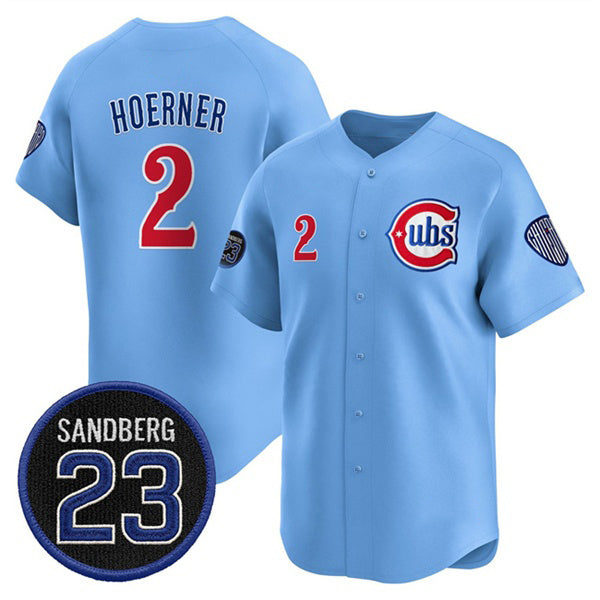 seanshop  Chicago Cubs #2 Nico Hoerner Blue  'Ryne Sandberg Tribute' Vapor Limited V2 Stitched Jersey