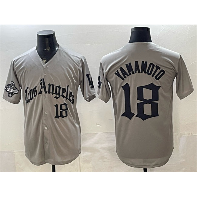 seanshop Los Angeles Dodgers #18 Yoshinobu Yamamoto Grey  LA Gothic Style With 2025 World Series Champions Patch Limited Stitched Jersey