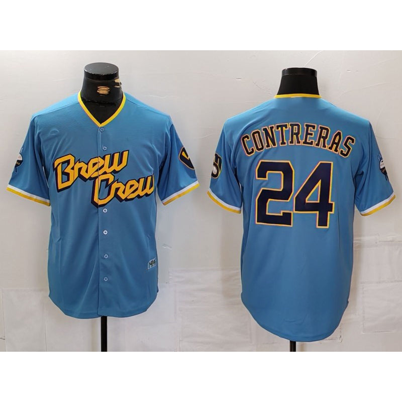 seanshop    Milwaukee Brewers #24 William Contreras Blue  2022 City Connect Cool Base Stitched Jersey