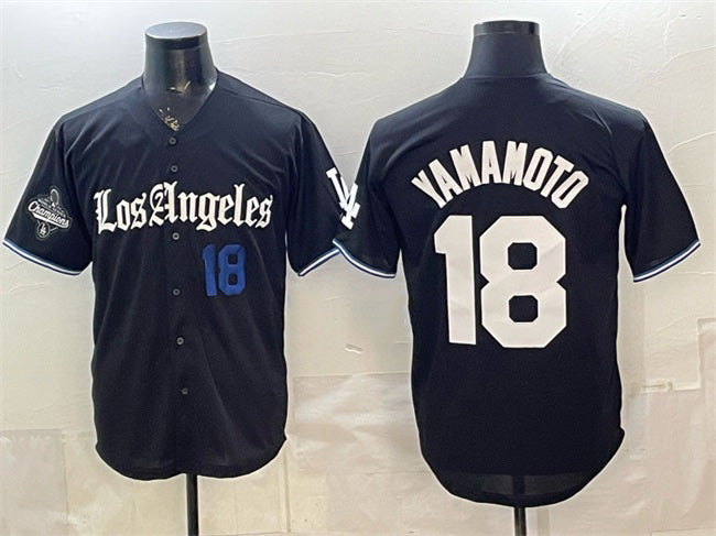 seanshop Los Angeles Dodgers #18 Yoshinobu Yamamoto Black  2025 World Series Champions Patch 'Gothic Edition' Vapor Premier Limited Stitched Jersey