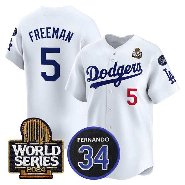 seanshop Los Angeles Dodgers #5 Freddie Freeman White  2024 World Series With Fernando Memorial Patch Limited Stitched Jersey