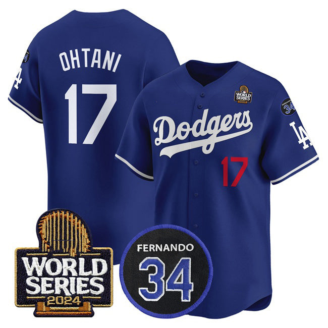 seanshop Los Angeles Dodgers #17 Shohei Ohtani Royal  2024 World Series With Fernando Memorial Patch Limited Stitched Jersey 2