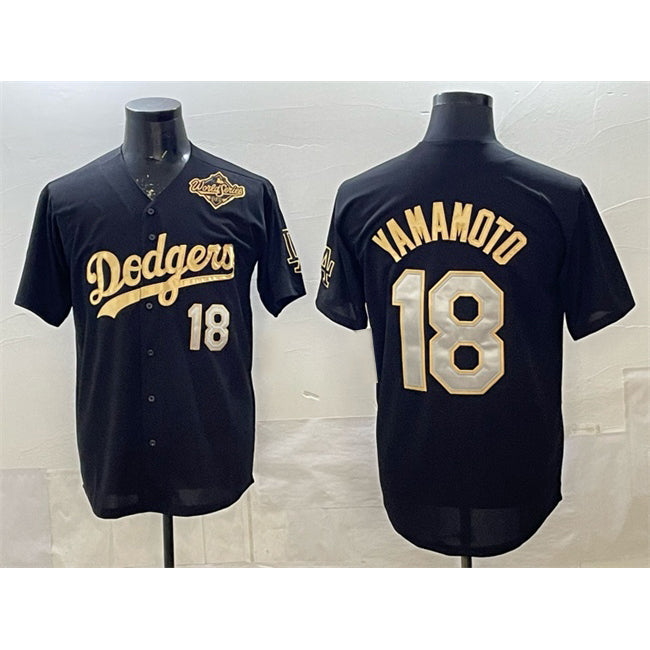 seanshop Los Angeles Dodgers #18 Yoshinobu Yamamoto Black Gold  2025 World Series Patch Limited Stitched Jersey