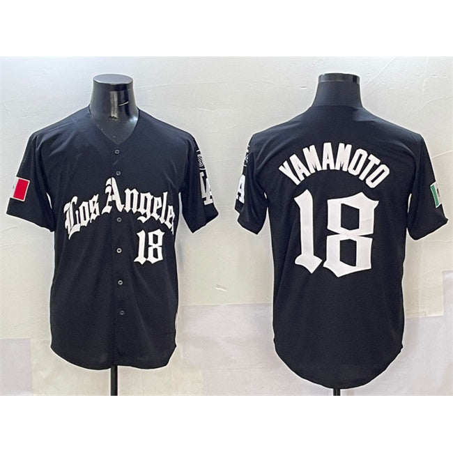 seanshop Los Angeles Dodgers #18 Yoshinobu Yamamoto Black  Mexico 2025 LA Gothic Style With Fernando Patch Vapor Premier Limited Stitched Jersey