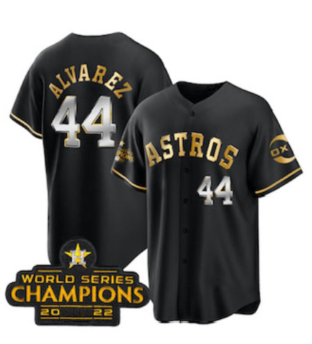 seanshop Houston Astros #44 Yordan Alvarez Black Gold  2022 World Serise Champions Patch Stitched Jersey