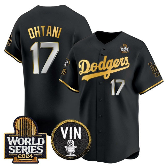 seanshop Los Angeles Dodgers #17 Shohei Ohtani Black Gold  2024 World Series Vin & Kobe Patch Limited Stitched Jersey