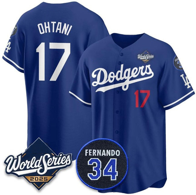 seanshop Los Angeles Dodgers #17 Shohei Ohtani Royal  2025 World Series With No.34 Patch Limited Stitched Jersey