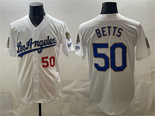 seanshop Los Angeles Dodgers #50 Mookie Betts White  2026 Gold Collection 9x & B2B Champs Patch Stitched Jersey