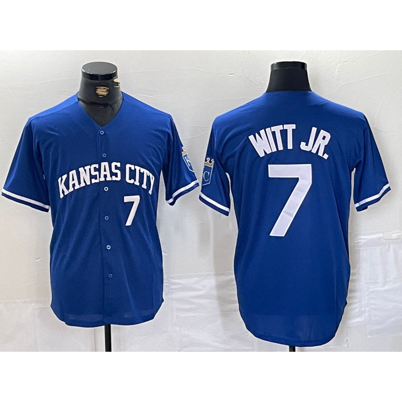 seanshop  Kansas City Royals #7 Bobby Witt Jr Number Blue  Cool Base Stitched Jersey