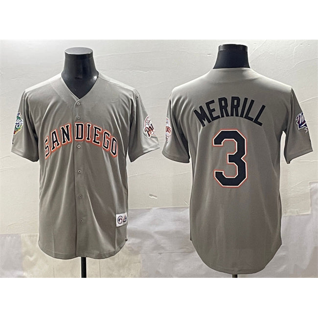 seanshop  San Diego Padres #3 Jackson Merrill Gray  Fashion Throwback With Patch Cool Base Stitched Jersey