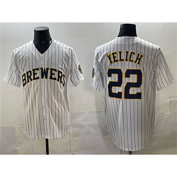 seanshop    Milwaukee Brewers #22 Christian Yelich White  Pinstripe 2025 With Patch Stitched Jersey
